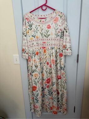 Woman’s Cream Floral Midi Dress with Pink & Coral Flowers